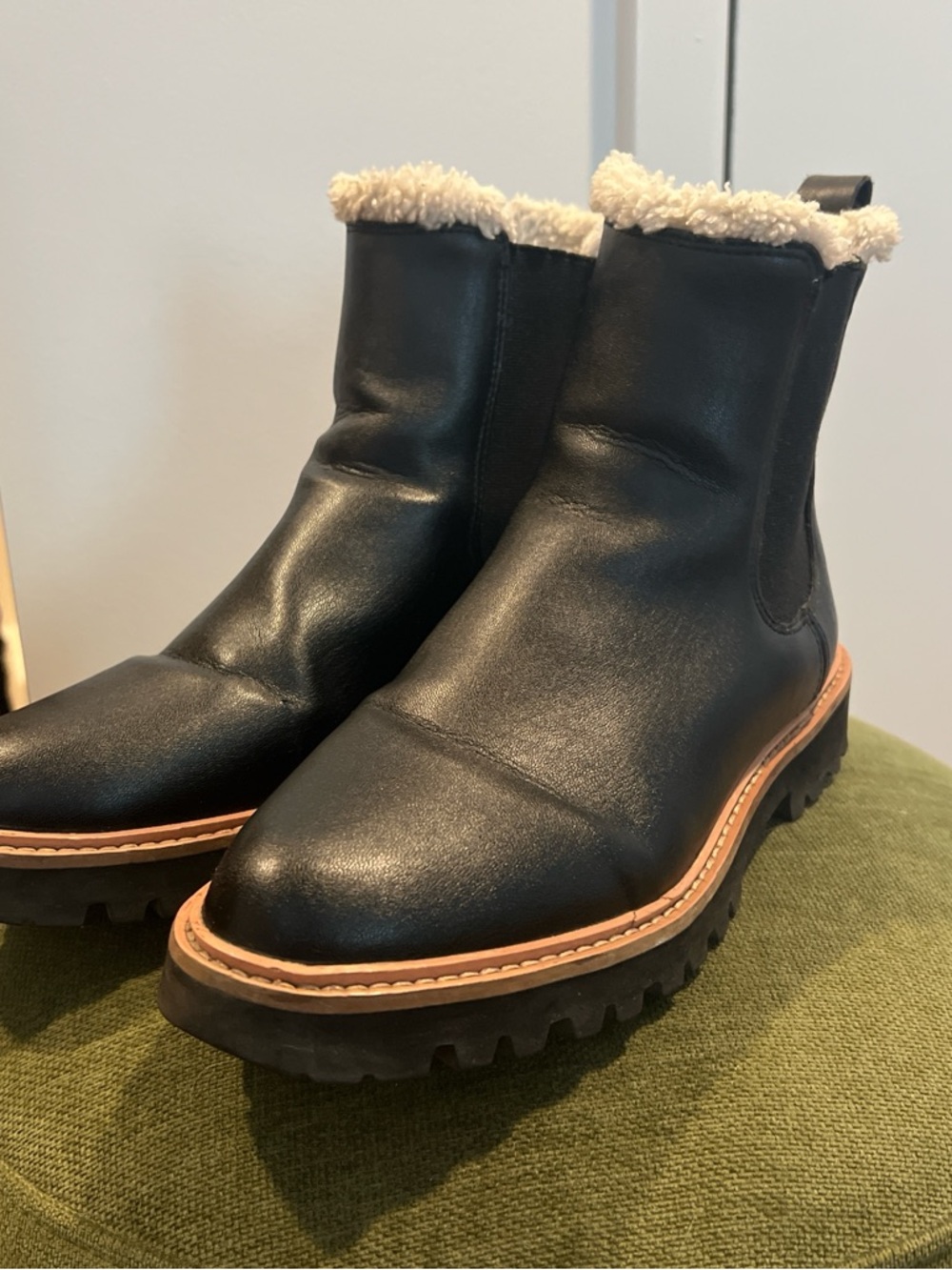 J. Crew Factory Black Leather Ankle Boots with Cream Shearling Collar